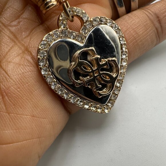 Guess Necklace Rose Gold Heart Pendant Rhinestone Logo Toggle Chain Y2K 20" - Picture 4 of 9